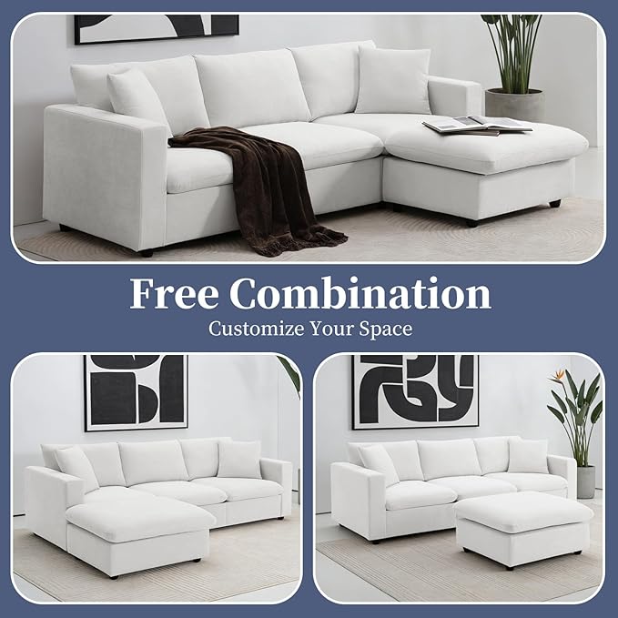 KIVENJAJA White Cloud Couch for Living Room Apartment Small Spaces, Linen L Shaped Modular Sectional Sofa with Convertible Ottoman Chaise, Modern Minimalist, Metal Frame, 100.4" W 3 Seater