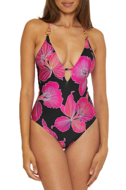 Trina Turk Women's Standard Fleury One Piece Swimsuit, Plunge Neck, Floral Print, Adjustable, Tie Back, Bathing Suits, Multicolor