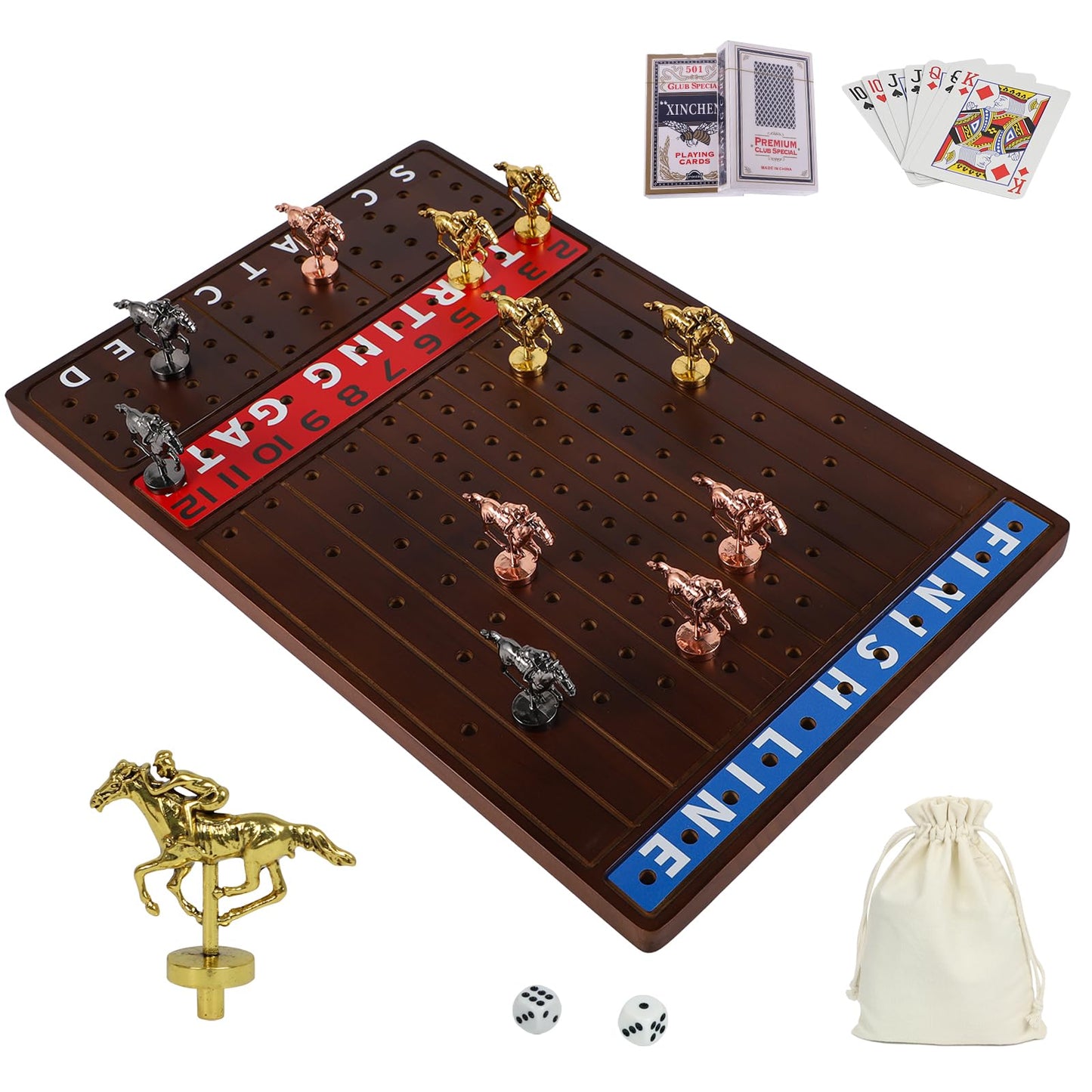 NRZSSN Horse Race Board Game with 11 Luxurious Durable Classic Metal Horses with 4 Dice and 2 Boxes of Cards Thickened Solid Wood Horse Racing Dice Game (Walnut Color，Rectangle)