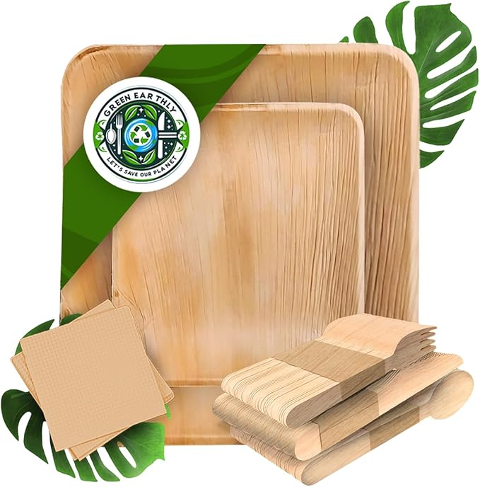 Biodegradable Disposable Party kit including 10" Plates, 7" Plates, Wooden Cutlery - Forks, Spoons, Knives & Napkins (For 50 Person Party - includes 350 total items)