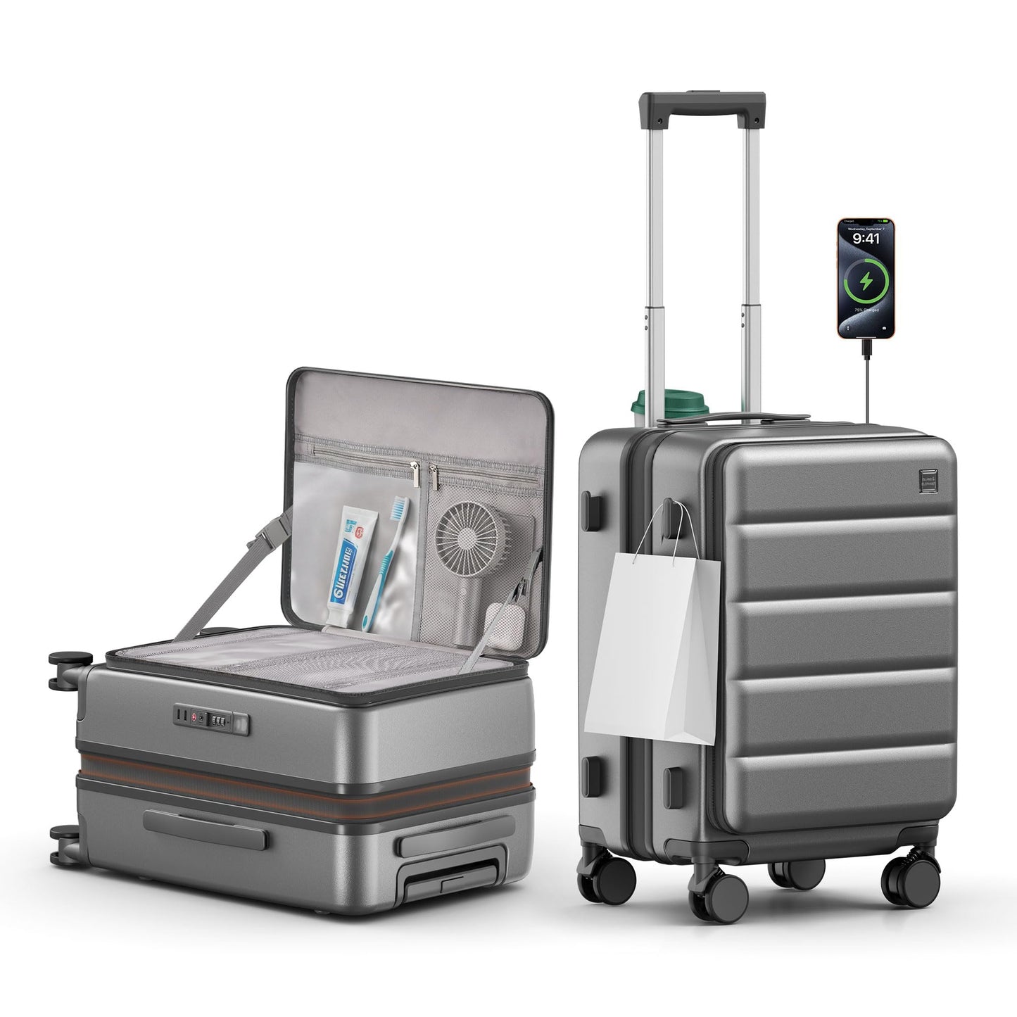 ISLAND ELEPHANT Expandable 20Inch Carry On Luggage Airline Approved - Top Opening Hardside Travel Suitcase Unbreakable -with Cup Holder,USB Charge,Side Pothook, 360°Spinner Wheels, TSA Lock-Grey