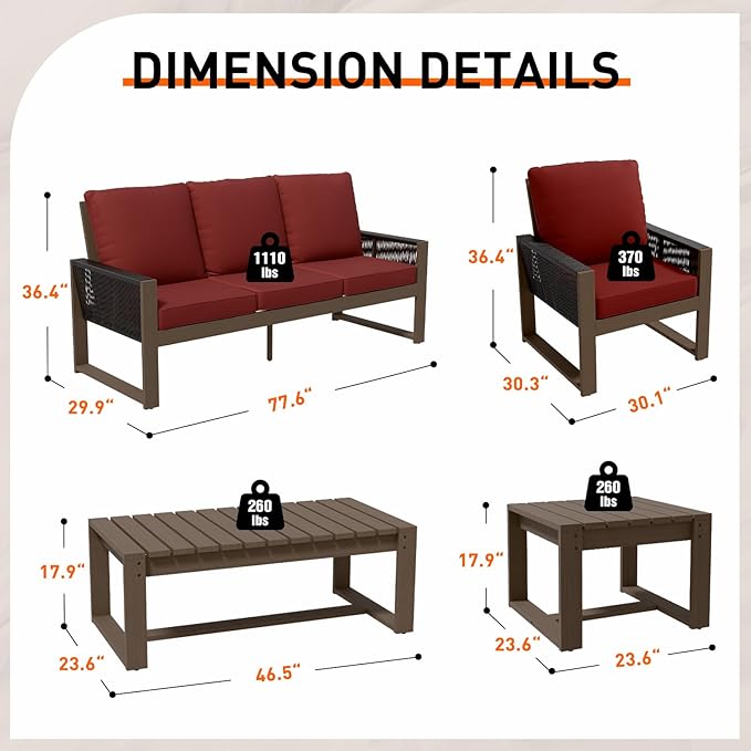 INTER HUT Rustic Hideaway Natural Cedar Wood Outdoor Furniture Set, Wicker Patio Conversation Set for Porch Garden Backyard, Couch, 4 Patio Chairs, Tables, 7 Piece, Brownish/Red