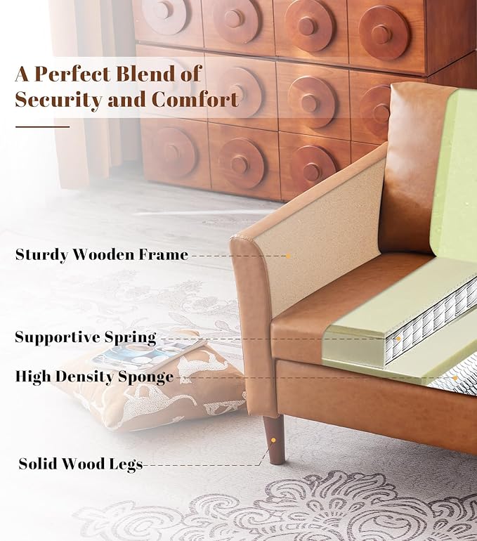 Kingfun Living Room Furniture Sets, 3 Seater Sofa, Armcahir and Armcahir, Mid Century Modern Sofa Set, Faux Leather Couch with Solid Wood Frame for Living Room & Bedroom, Mid Brown
