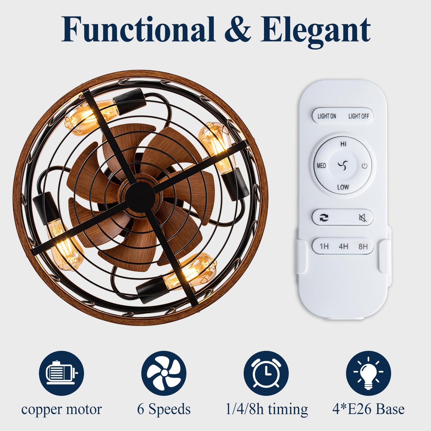 Farmhouse Ceiling Fans With Lights And Remote, 20 Low Profile Caged Lighting With Bladeless Fan, Rustic Flush Mount With E26 B