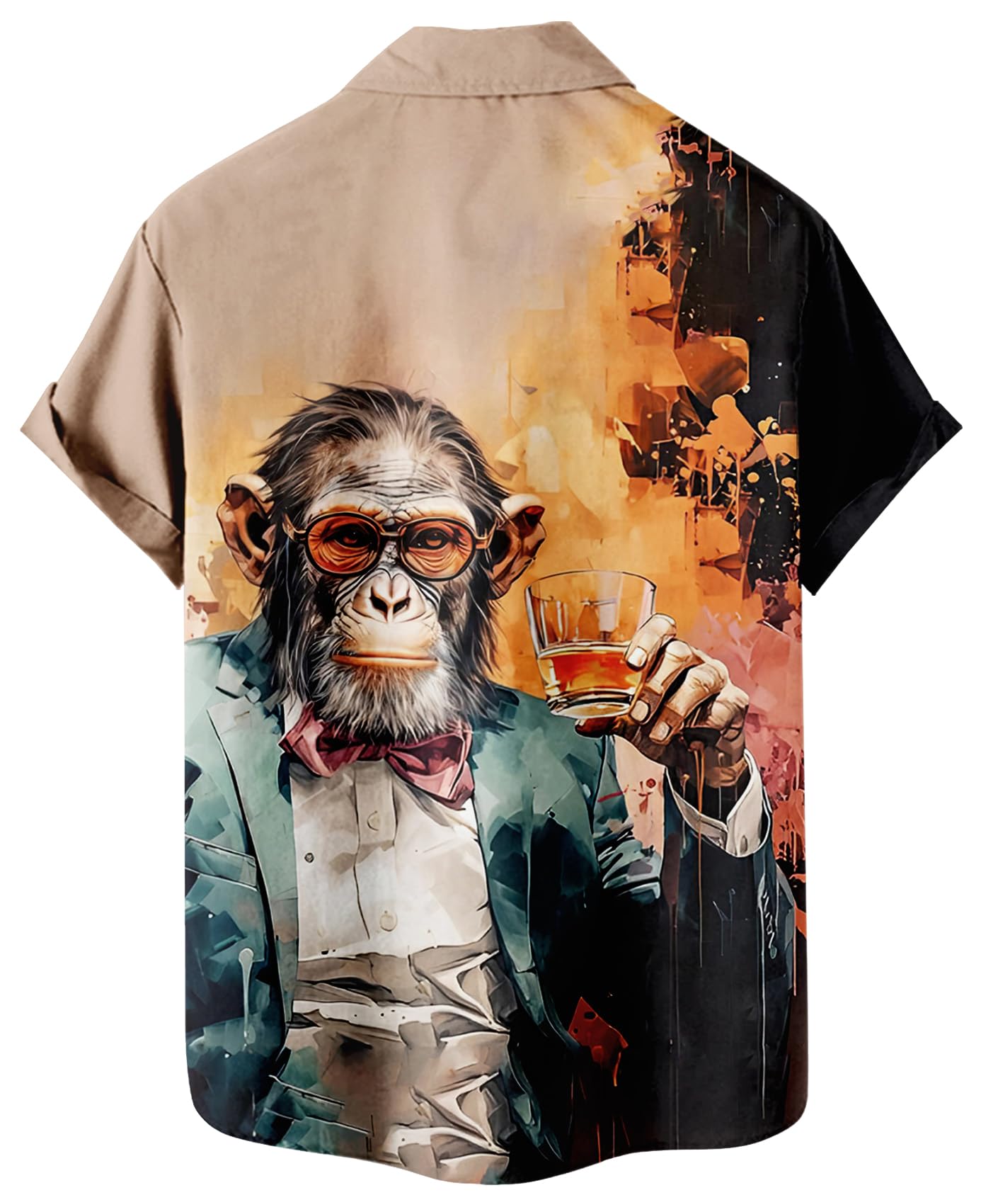 Men's Hawaiian Button Down Shirt, Monkey Print Design, Short Sleeve Regular Fit, Black and Brown