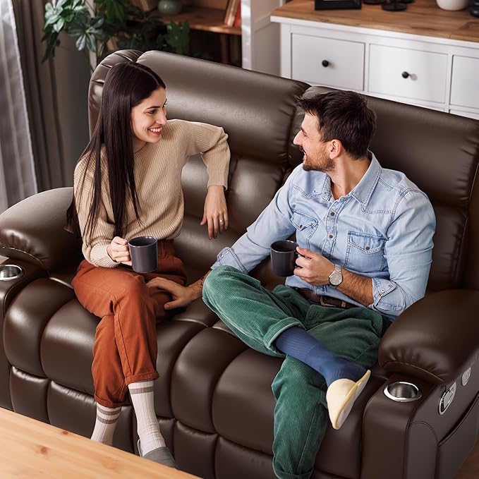 FURNIMAT New Loveseat Recliner Sofa, 2 Seater Reclining Loveseat Sofa, PU Leather Dual Recliner Chair, Modern Loveseat Couch for Living Room, with Cup Holder and USB Ports, Brown