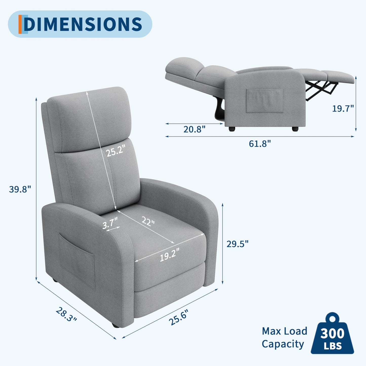 Recliner Chair for Adults, Adjustable Push Back Reclining Chair with Side Pocket, High Backrest & Thick Cushion, Padded Lounge Sofa Chair for Living Room, Home Theater & Bedroom, Light Grey