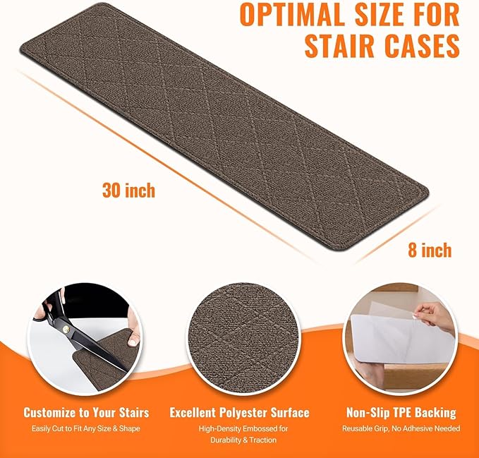 Stair Treads Non-Slip for Wooden Steps, 4Pack - 8" x 30" Edging Stair Runner Indoor for Kids Elders & Pets, Washable Carpet Stair Treads with Peel & Stick Reusable TPE Backing, Brown