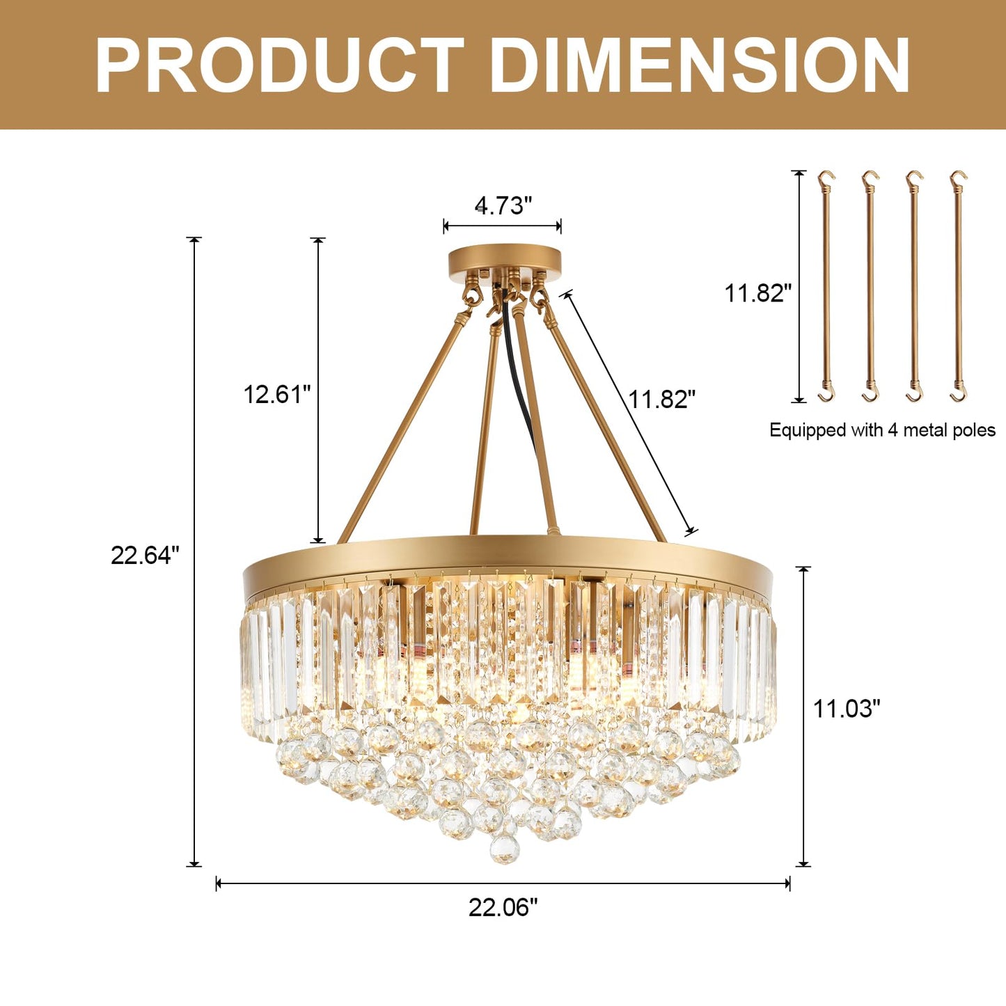 brfaixla 9-Light Gold Crystal Chandelier Contemporary 22'' Modern Semi Flush Mount Crystal Hanging Light Sparkling Decoration for Bedroom Entryway Living Dining Room Kitchen Island Hallway