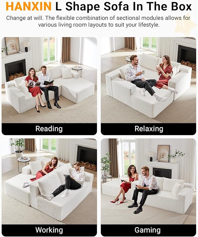 105 Inch Modular Sectional Sofa,Modern Cloud Sectional Couch with Deep Seat,Corduroy Boneless Couches with L-Shape Chaise for Living Room Bedroom,No Assembly Required (White, Right Facing Chaise)