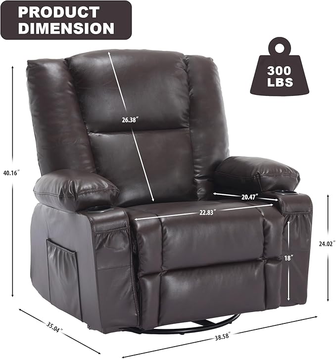 Massage Swivel Rocker Recliner with Heat, Brethable Leather Rocking Recliners Chair for Living Room, Modern Manual Recliner with Cup Holders, Overstuffed Single Sofa Chairs for Adults, Red Brown