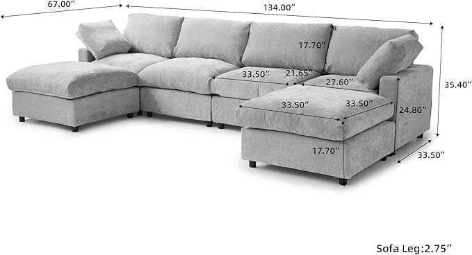 WJShome Cloud Couch Modular Sectional Sofa, 134" U Shaped Couch for Livingroom, Oversized Convertible Wide Seater with 2 Ottomans Living Room Set, Covers Washable&Replaceable,Gray
