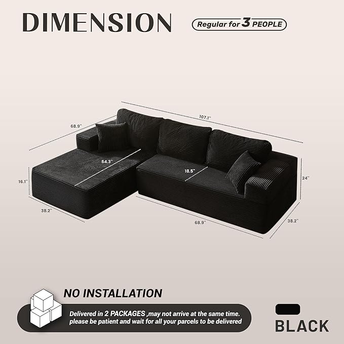 Afuson 107" Boneless Couch with Deep Seat, Modular Sectional Sofa, Cloud Sectional Couch for Living Room, No Assembly Required, Corduroy, L-Shape Left, Black