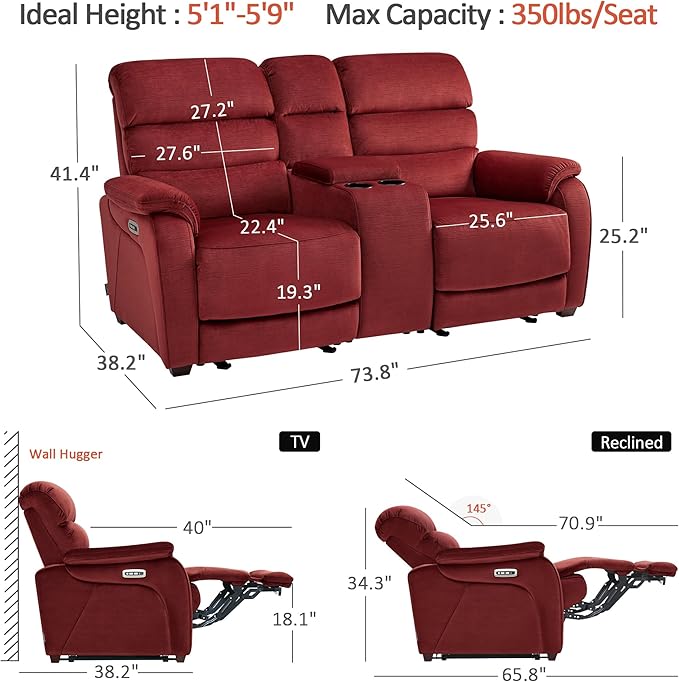 MCombo 73.8'' Wall Hugger Power Loveseat Recliner, Reclining Loveseat with Console, Adjustable Headrest, USB Charge Ports, Cup Holders, for Living Room, RVs, Small Spaces, Fabric ST258M2 (Burgundy)