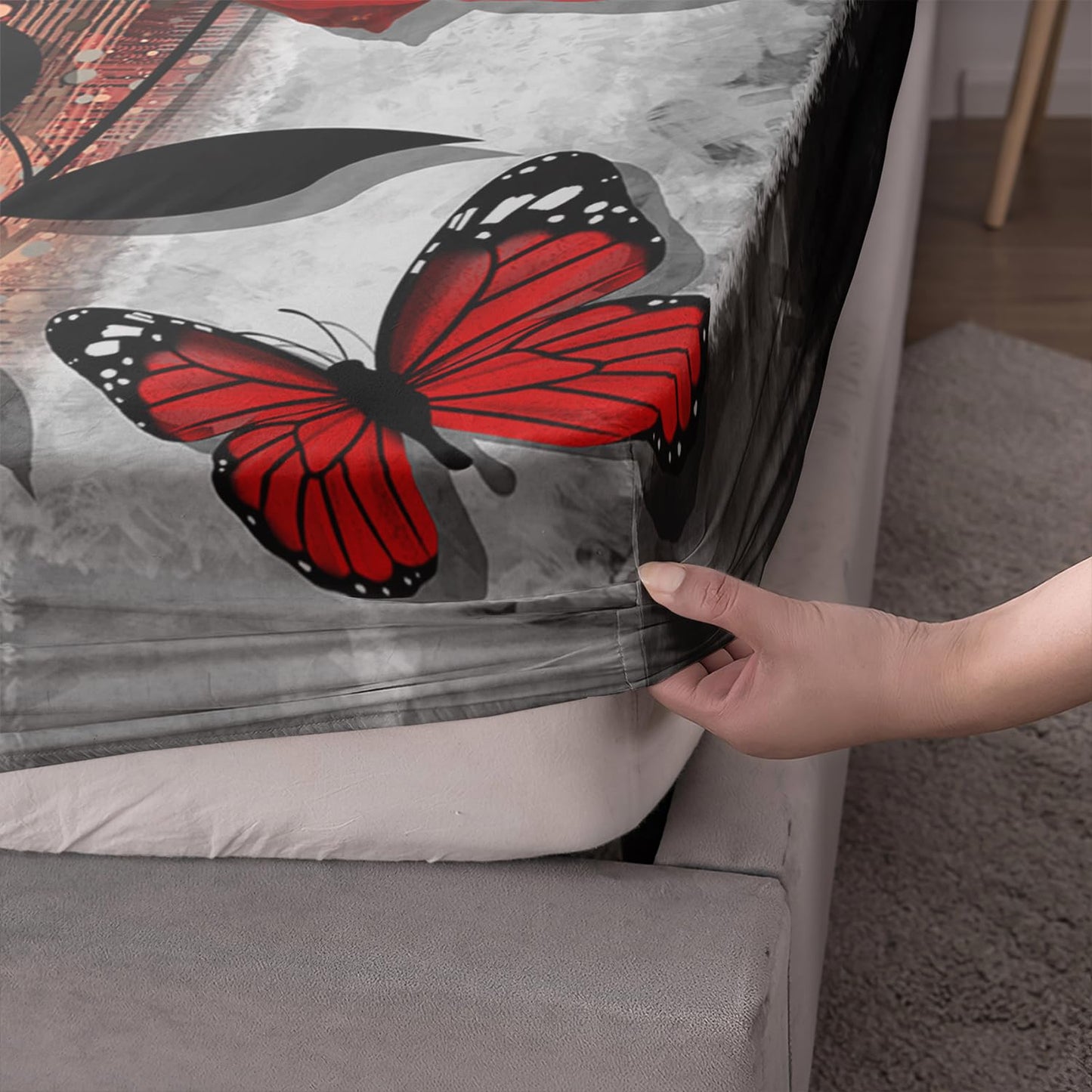 AILONEN Red Rose Fitted Sheet Set Queen Size, Grey Retro Couple Rose Bed Sheet Set,Romantic Floral Butterfly Sheet Set 3 Pieces, 1 Fitted Sheet and 2 Pillowcases