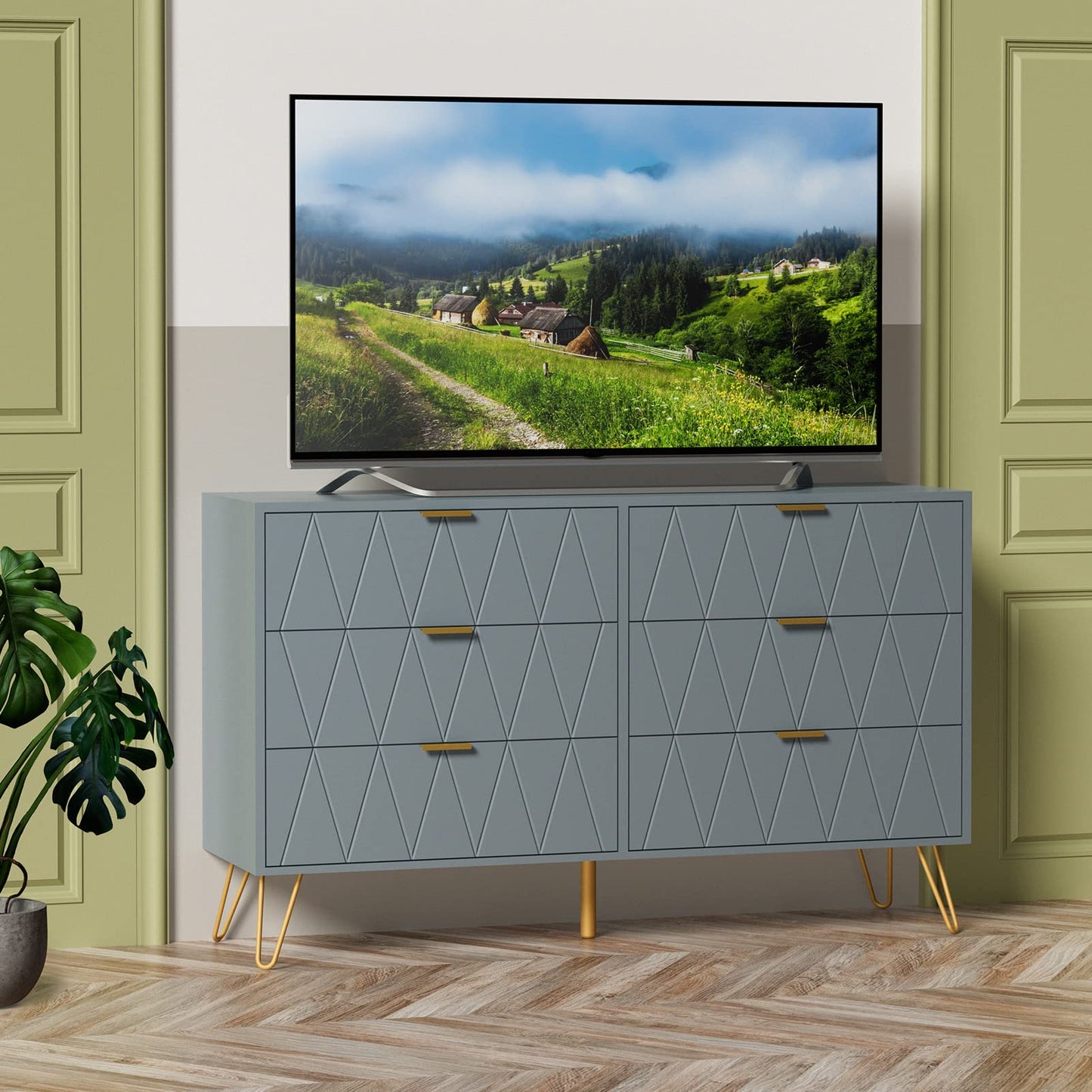 UEV Large Blue 6 Drawer Dresser,Modern Dresser Chest with Wide Drawers and Metal Handles,Wood Storage Chest of Drawers for Bedroom,Hallway,Entryway (Blue, Large 6 Drawer)