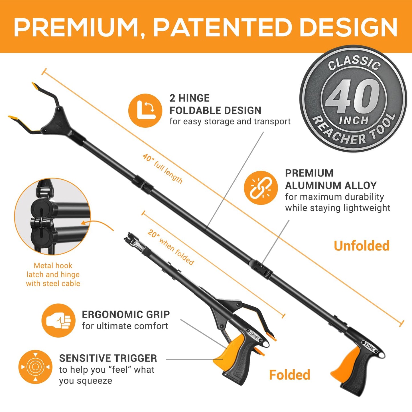 EZPIK Classic 40” Folding Grabber Reacher Tool with Dual Magnets, Heavy Duty Trash Picker Upper Grabber for Seniors & Disabled Users, Aluminum Pickup Tool for Everyday Reaching Aids (Black)