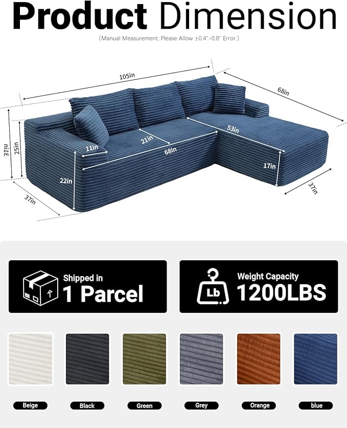 108" Cloud Sectional Couch,Modern Modular Sectional Sofa with Deep Seat,Corduroy Boneless Couches with L-Shape Chaise for Living Room,No Assembly Required (Blue, Right Facing Chaise)