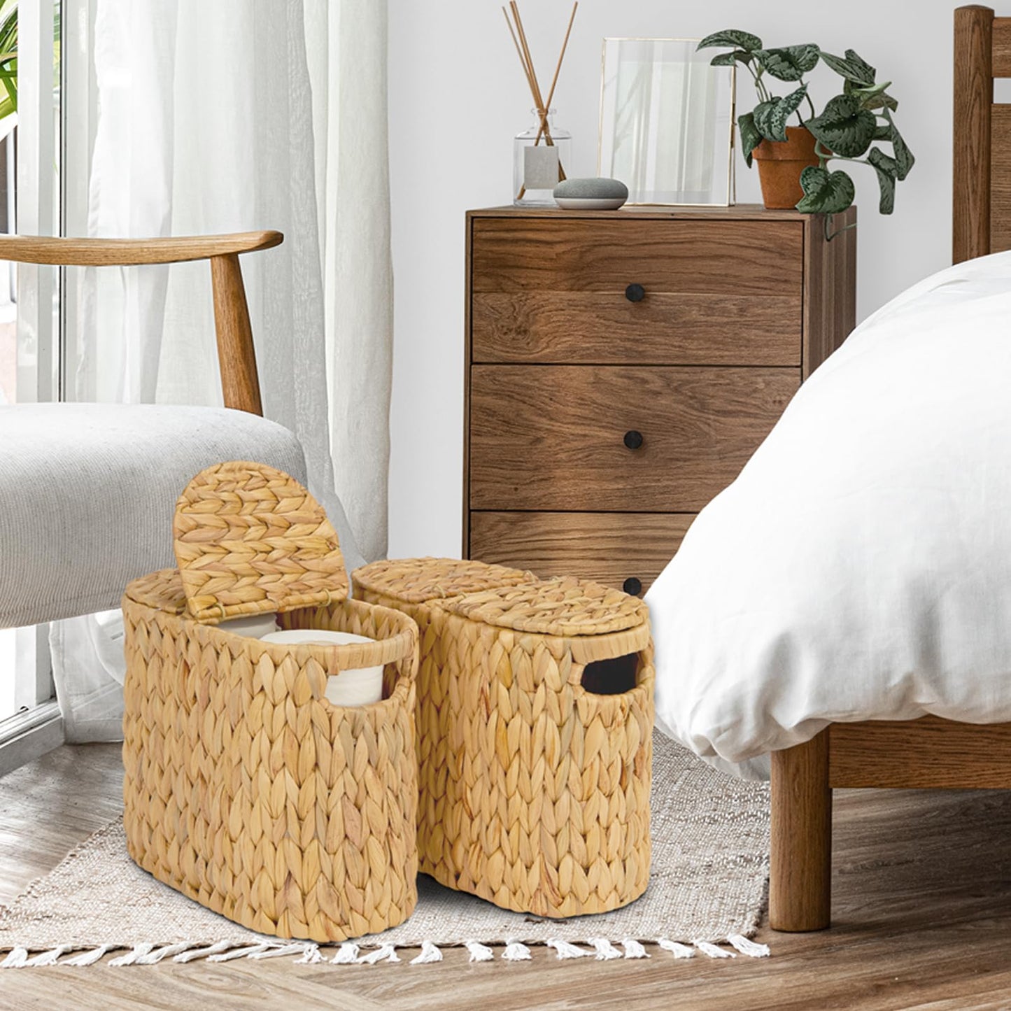 ELONG HOME Toilet Paper Basket with Lid, Water Hyacinth Wicker Toilet Paper Storage Holder for 4 Rolls, Toilet Paper Storage for Bathroom