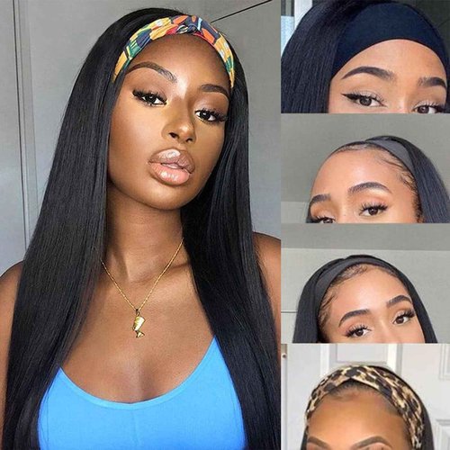 Headband Wig Human Hair Straight Headband Wigs Brazilian Virgin Hair 150% Density None Lace Front Wigs Human Hair Glueless Headband Half Wig for Women Natural Color 22 Inch