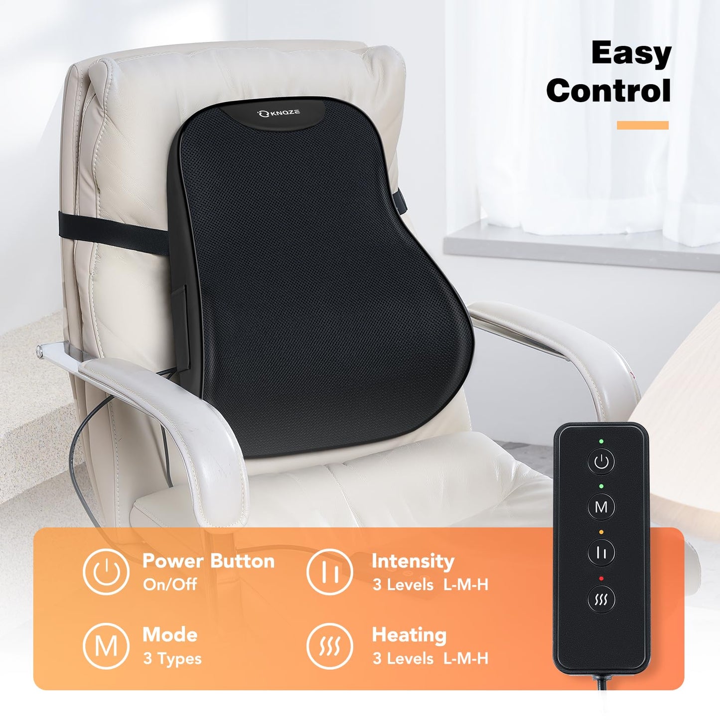 KNQZE Lumbar Support Pillow for Office Chair, Heated Back Support Pillow with Vibration, Back Massage for Pain Relief, 3 Heating Levels & 4 Motors & 3 Intensities, at Home Office Car Sofa - Black