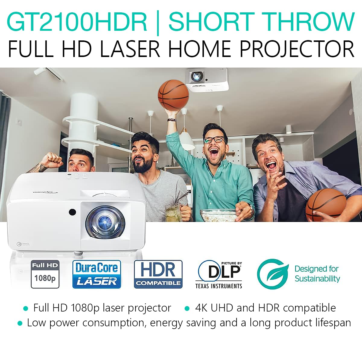 Optoma GT2100HDR Compact Short Throw Laser Home Theater and Gaming Projector, 1080p HD with 4K HDR Input, Bright 4,200 Lumens for Day and Night Viewing, 4200 Lumens, 1080p