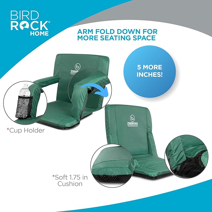Stadium Boss Recliner Stadium Seat for Bleachers, Benches, Lawns, Backyard, Camping & Beach – Padded Sport Chair, Cushion Backs & Armrest – 6 Reclining Positions – Portable Carry Straps – Dark Green