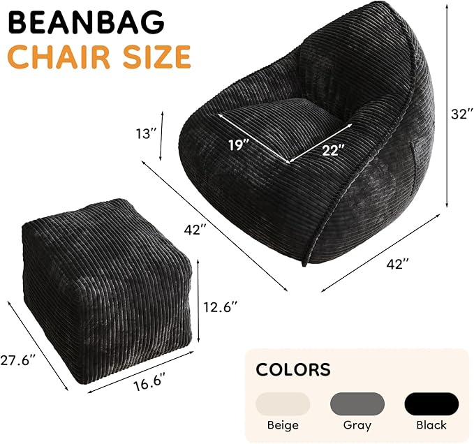Cloud Large Bean Bag Chair with Ottoman, Corduroy Fabric+35D Memory Foam Big Beanbag Chair for Adults,Lounger Chairs Sofa Boneless Puff Chair for Living Room, Bedroom,Balcony,Playroom (Black)