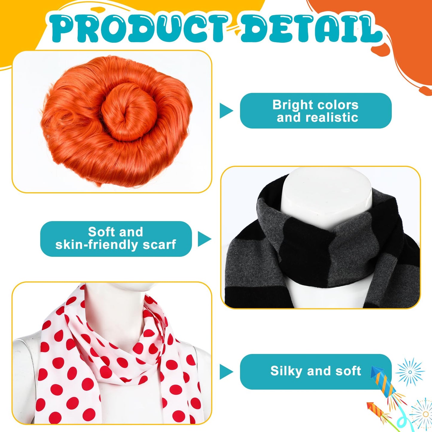 Zoooyawn 5 Pcs Halloween Costume Set Include Black Gray Striped Scarf Red Polka Dot Scarf Wig Blue Frame Sunglasses Fake Nose for Halloween Party Cosplay Costume Accessories