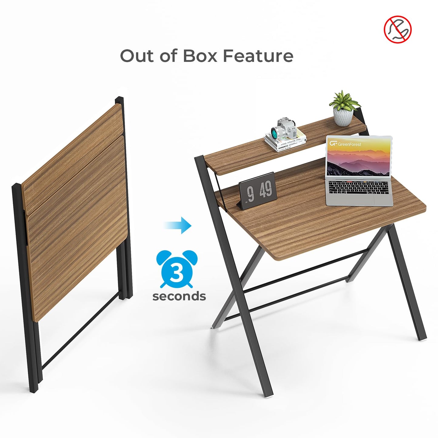 GreenForest No Assembly Folding Desk, 2-Tier Compact Computer Desk with Shelf, Space Saving Foldable Table for Home Office, Dorm or Apartment, Portable Collapsible Sturdy Laptop Desk, Espresso