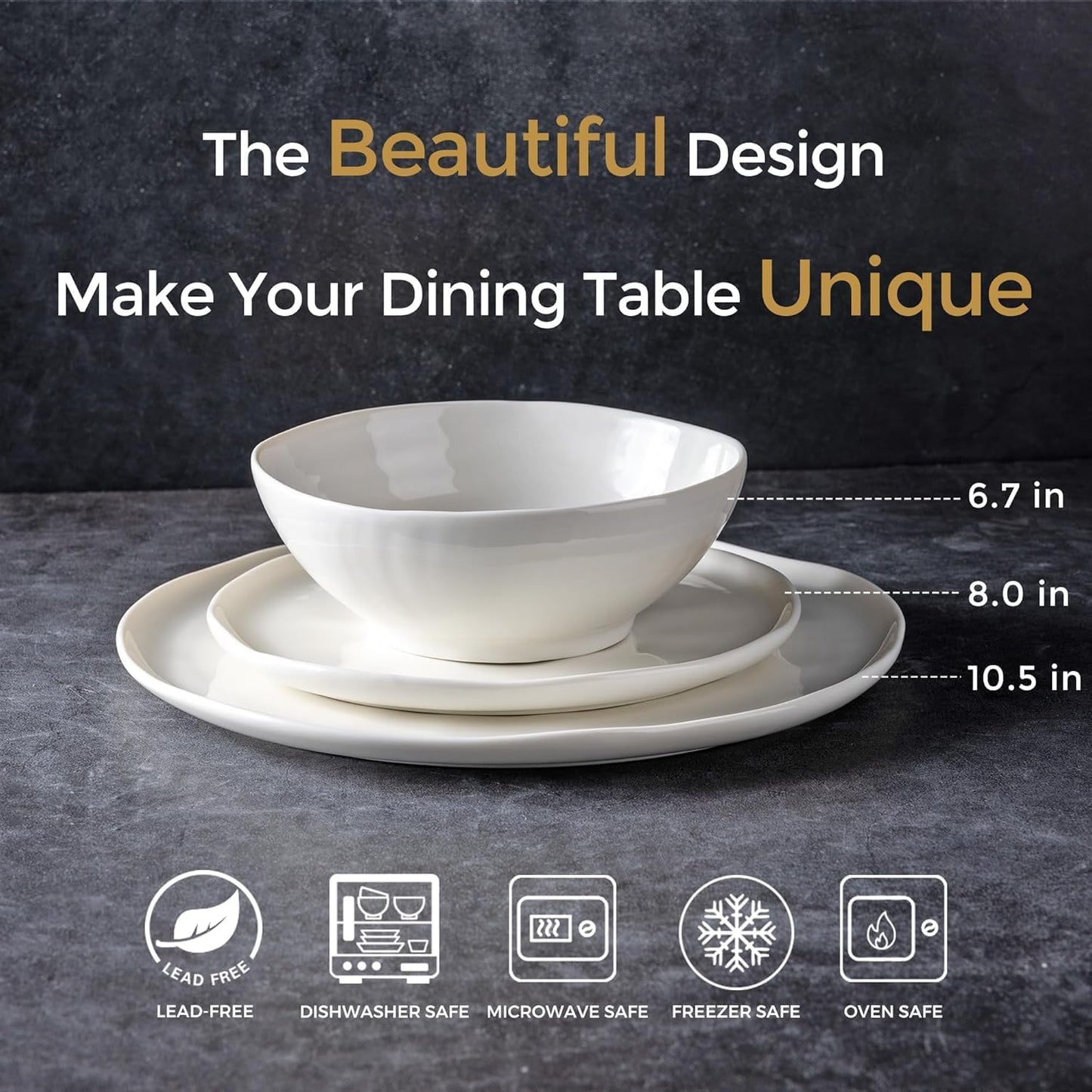 LERATIO Ceramic Dinnerware Sets for 4,Porcelain Plates and Bowls Sets with Wavy Edge,Microwave & Dishwasher & Oven Safe,Light Weight & Scratch Resistant Dishes Sets-Service for 4 (12pcs)