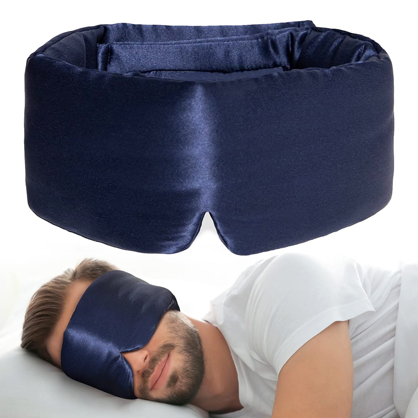 iCooBreeze 100% Natural Silk Eye Mask for Women Men, Soft Pressureless Cooling Blackout Eye Covers for Sleeping, Large Size Sleep Mask fits All Heads Adjustable, 1PC, Navy Blue