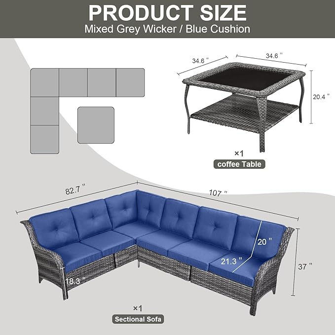 Belord Outdoor Furniture Sectional Sofa L Shaped Couch - Patio Wicker Furniture Set with Coffee Table, 3 Piece Rattan Patio Conversation Sets with Blue Cushion for Deck Backyard Sunroom