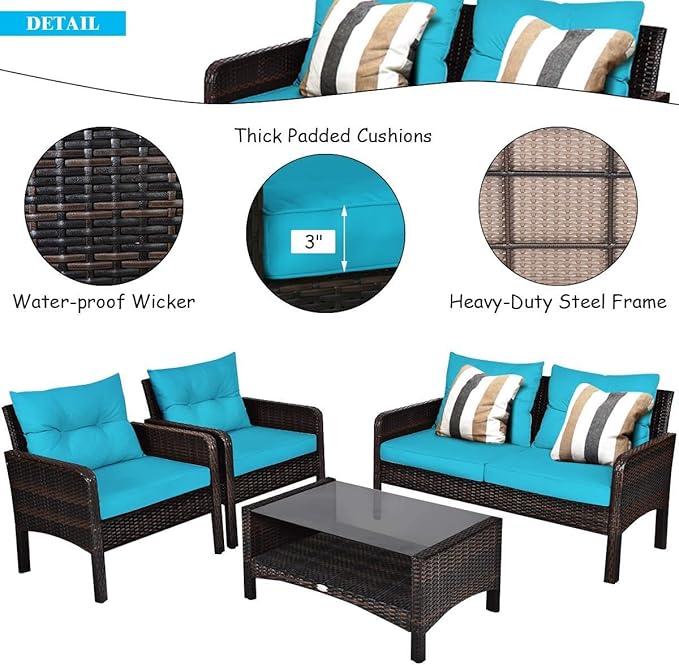 HAPPYGRILL 4-Piece Patio Furniture Set Outdoor Rattan Wicker Conversation Set with Coffee Table, Sectional Sofa Bistro Set with Cushions for Garden Poolside Backyard