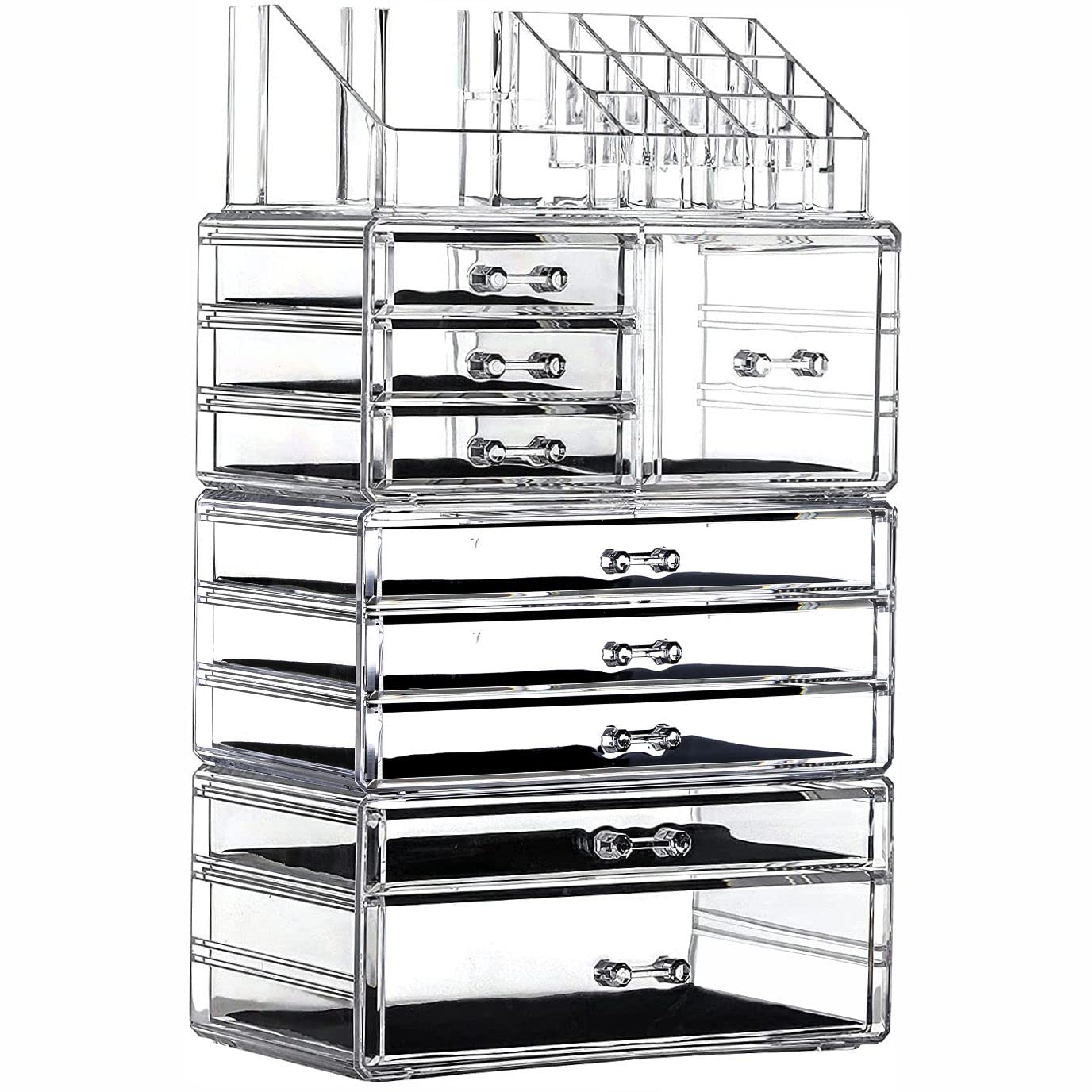 Cq acrylic 4 Pack Clear Make up Organizer Countertop,Stackable 9 Drawers Makeup Storage,Cute Vanity Organizers for dresser Hair