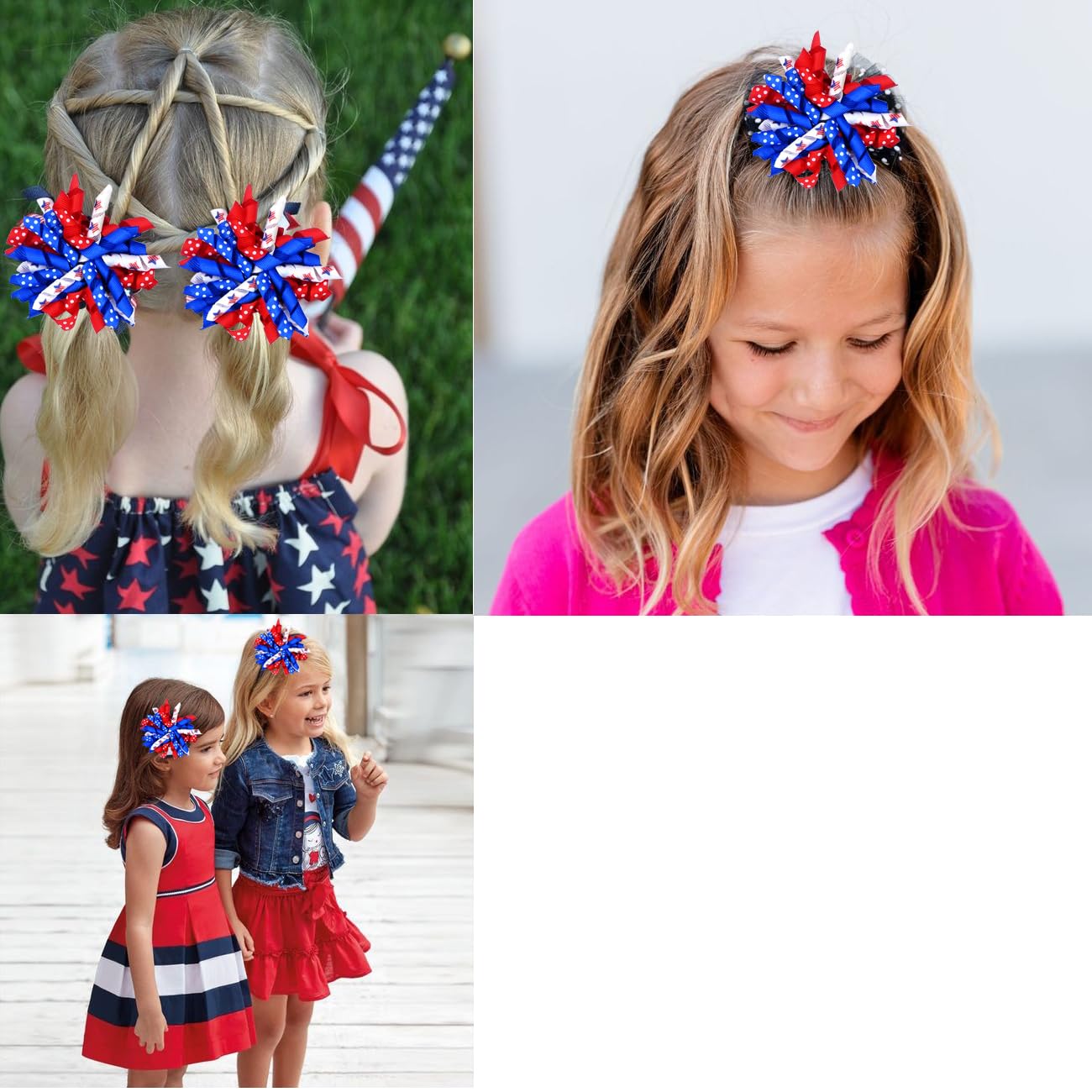 4th of July Hair Clips for Girls 3.9inch Patriotic Curly Ribbon Hair Accessories for Girls American Flag Hair Bow Clips 2pcs