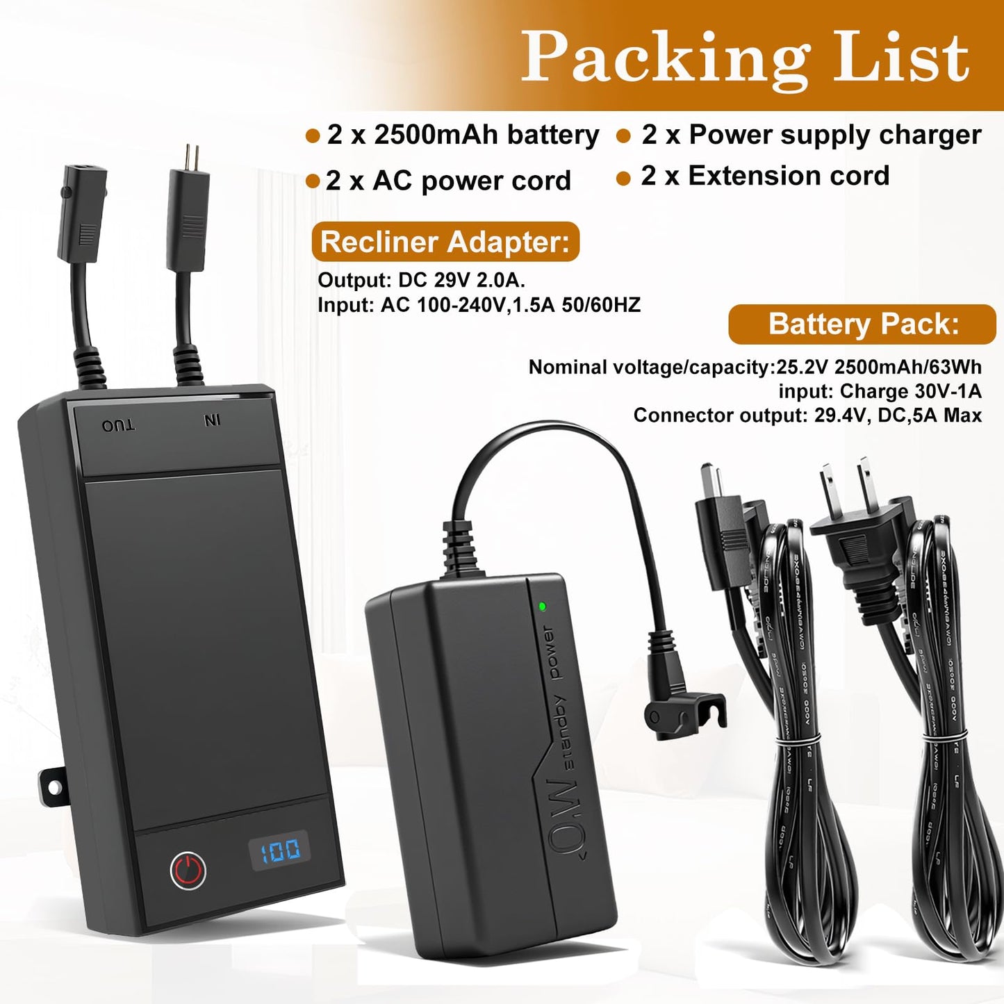 Xpopox 2 Pack Battery Packs for Reclining Furniture - 2500mAh with LCD Display for Electric Recliners, Power Sofas, Lift Chairs and Couch - only Compatible with 2-Pin Connector Motion Furniture