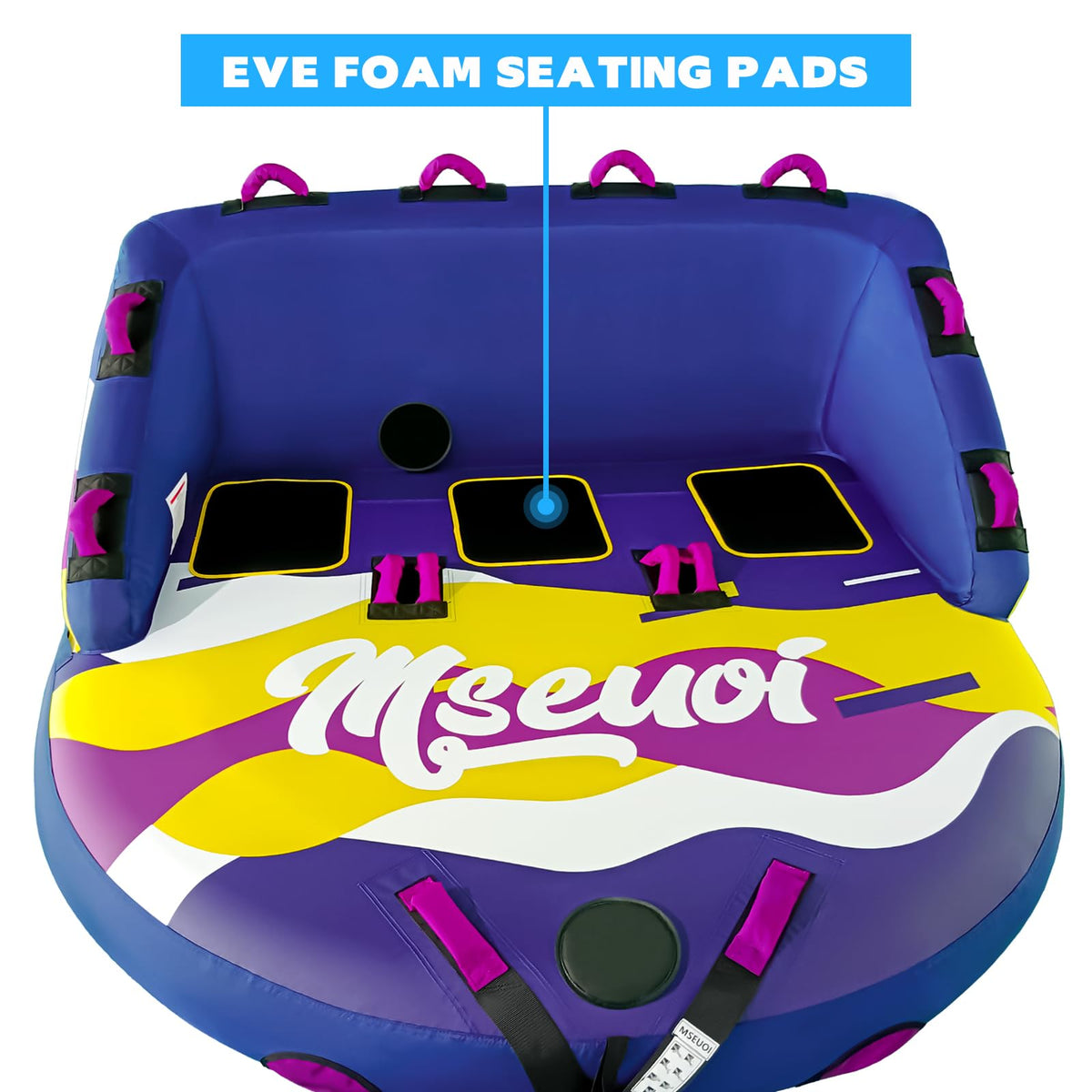 MSEUOI Inflatable Water Towable Tube for Boats Heavy-Duty 1-3 Rider Tow Tube with Reinforced Handles, Quick-Connect Tow Rope, Rapid Air Valve (Bright Blue Mutil, 3)