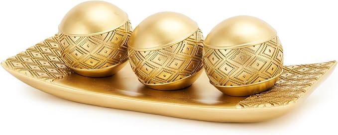 Artconal Golden Spheres Orbs Set of 3 with Tray for Centerpiece Table Decoration, Golden Accent Center Piece for Home Dini...