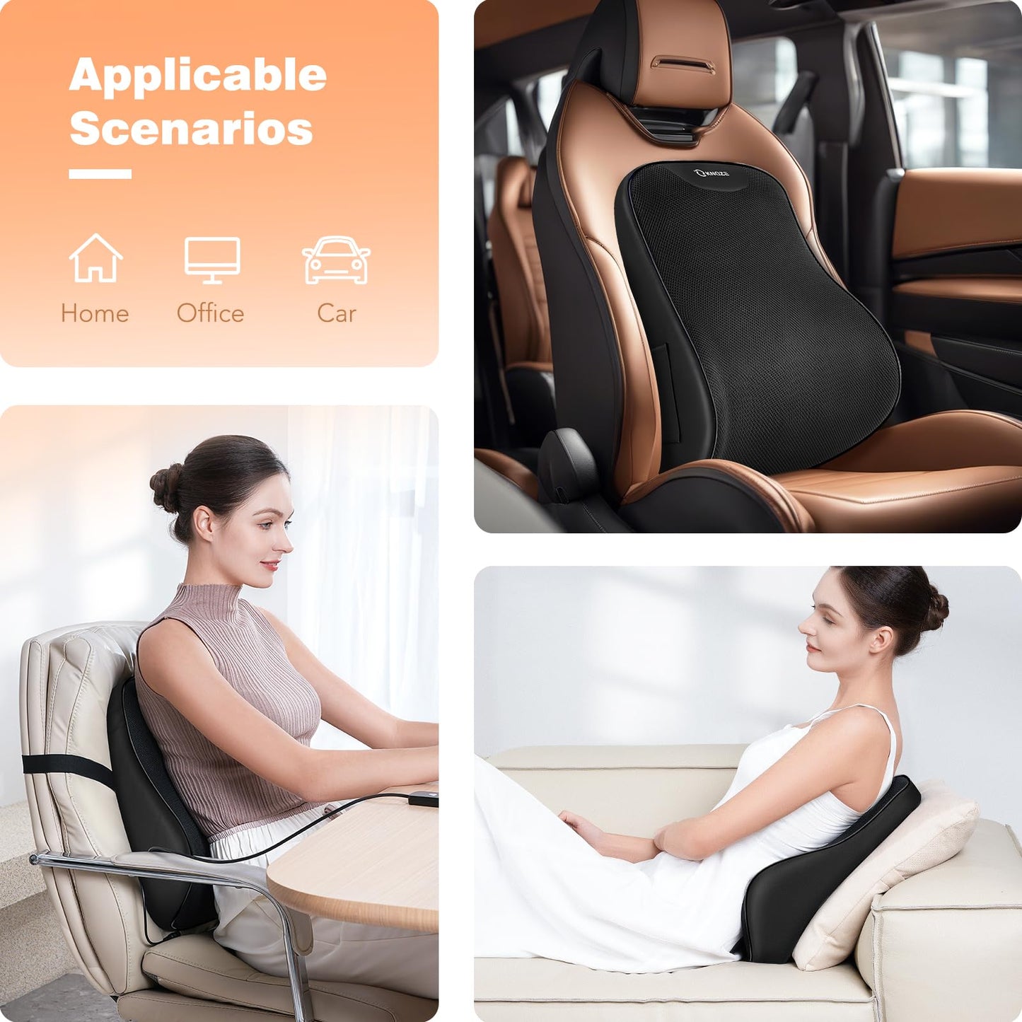 KNQZE Lumbar Support Pillow for Office Chair, Heated Back Support Pillow with Vibration, Back Massage for Pain Relief, 3 Heating Levels & 4 Motors & 3 Intensities, at Home Office Car Sofa - Black
