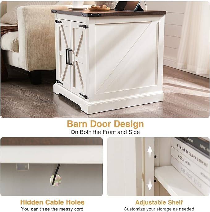 Barnyatoh Farmhouse End Table with Charging Station,24" Large Sofa Side Table with Barn Door, Rustic Wood Square Nightstand Bedside Table with Adjustable Shelf for Living Room, Bedroom,Antique White