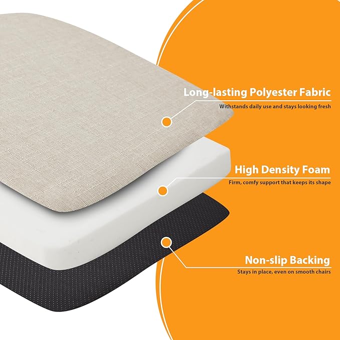 Ruqmuis Chair Cushions for Dining Chairs, 2" Thick Seat Cushions for Kitchen Chairs, D-Shaped Chair Pads with Washable Cover, Ties and Non Slip Backing, 17'' x 16'', Set of 2, Beige