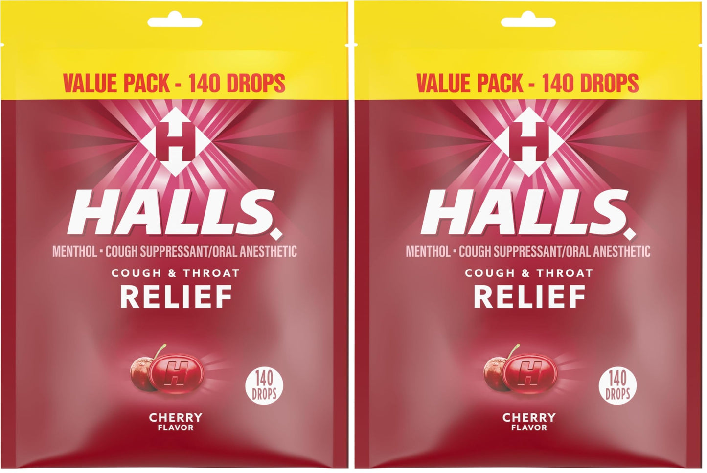 Halls Relief Cherry Cough Drops, Value Pack, 140 Drops (Pack of 2)