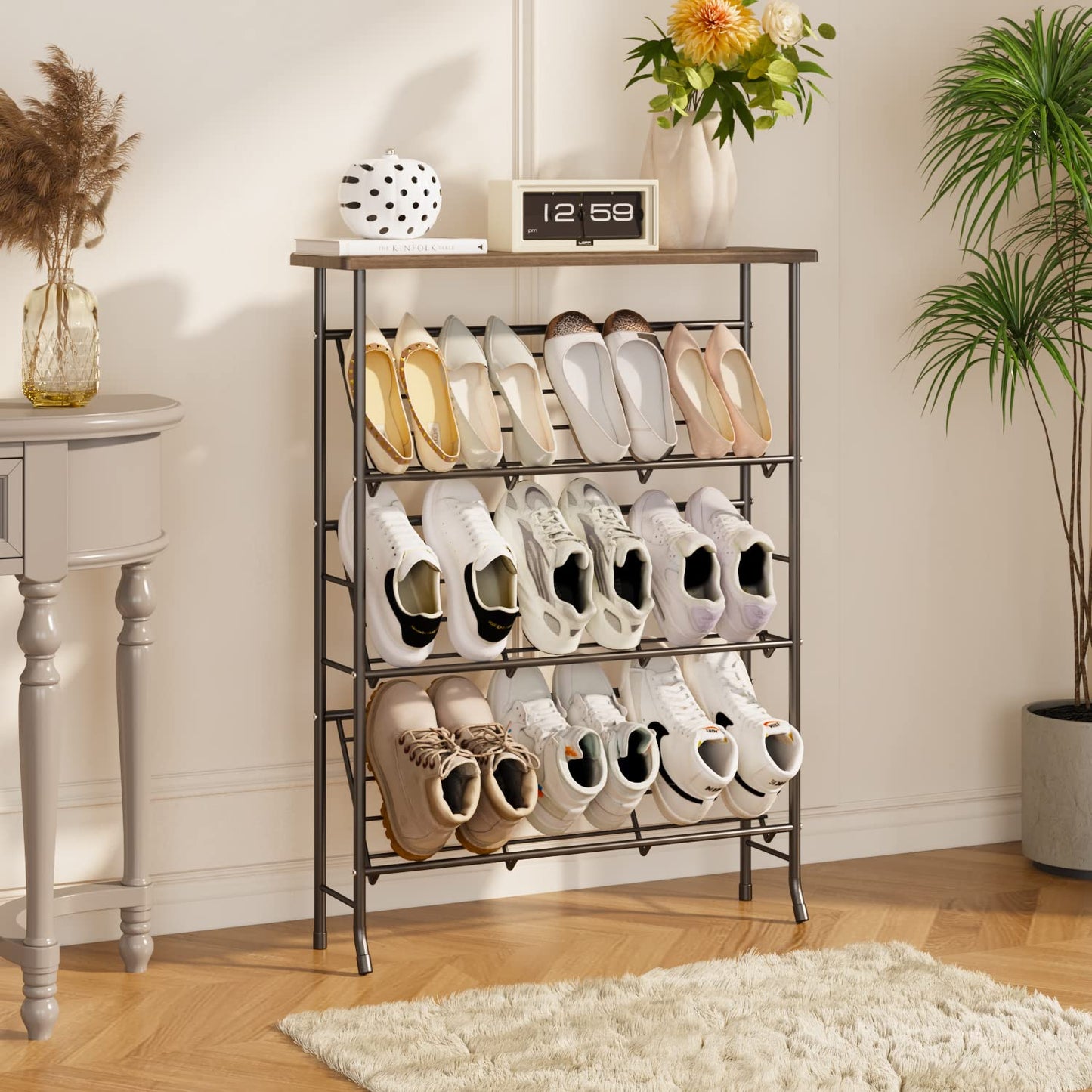 JZM Shoe Rack Storage, Narrow 4 Tier Metal Shoe Storage Shelf, Free Standing Shoe Racks, Space Saving Shoe Rack Organizer for Entryway, Hallway, Bedroom, Living Room(12-16 Pair)