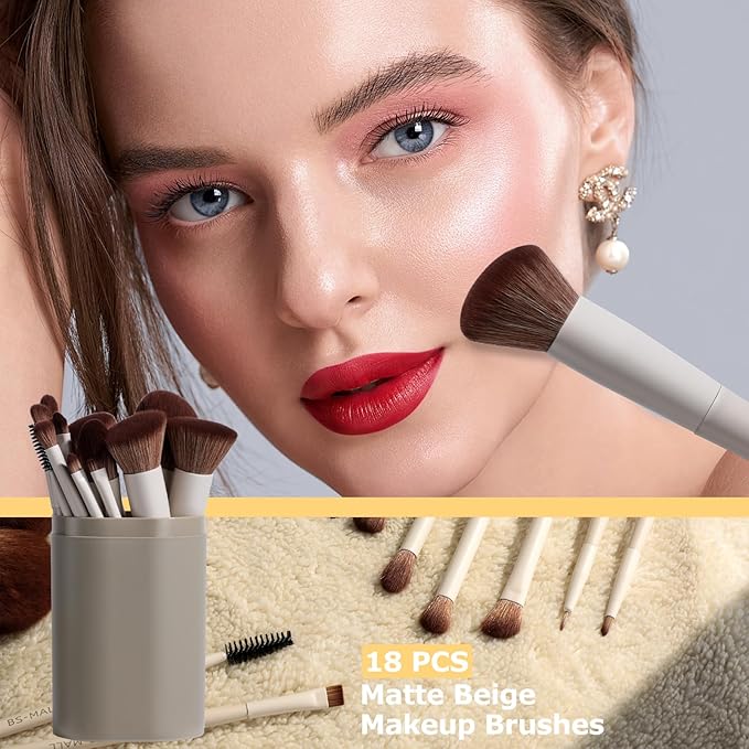BS-MALL Professional Makeup Brush Set 18 Pcs Premium Synthetic Foundation Powder Concealers Eye Shadows Blush Makeup Brushes with Travel Case (Matte white beige)