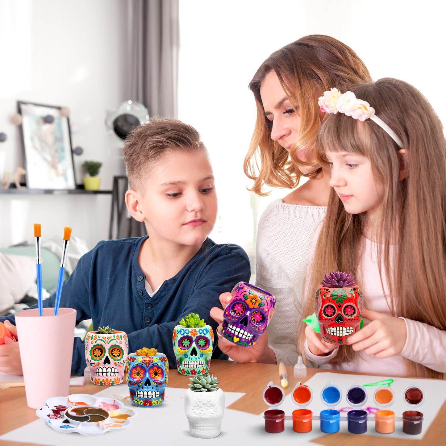 Pasimy 6 Set DIY Ceramic Succulent Planter Pots Paint Your Own Flower Pots Craft Kit Unpainted Bisque Paintable Flowerpot with Brush Palette Ready to Paint for Family Activity Gift (Skull)