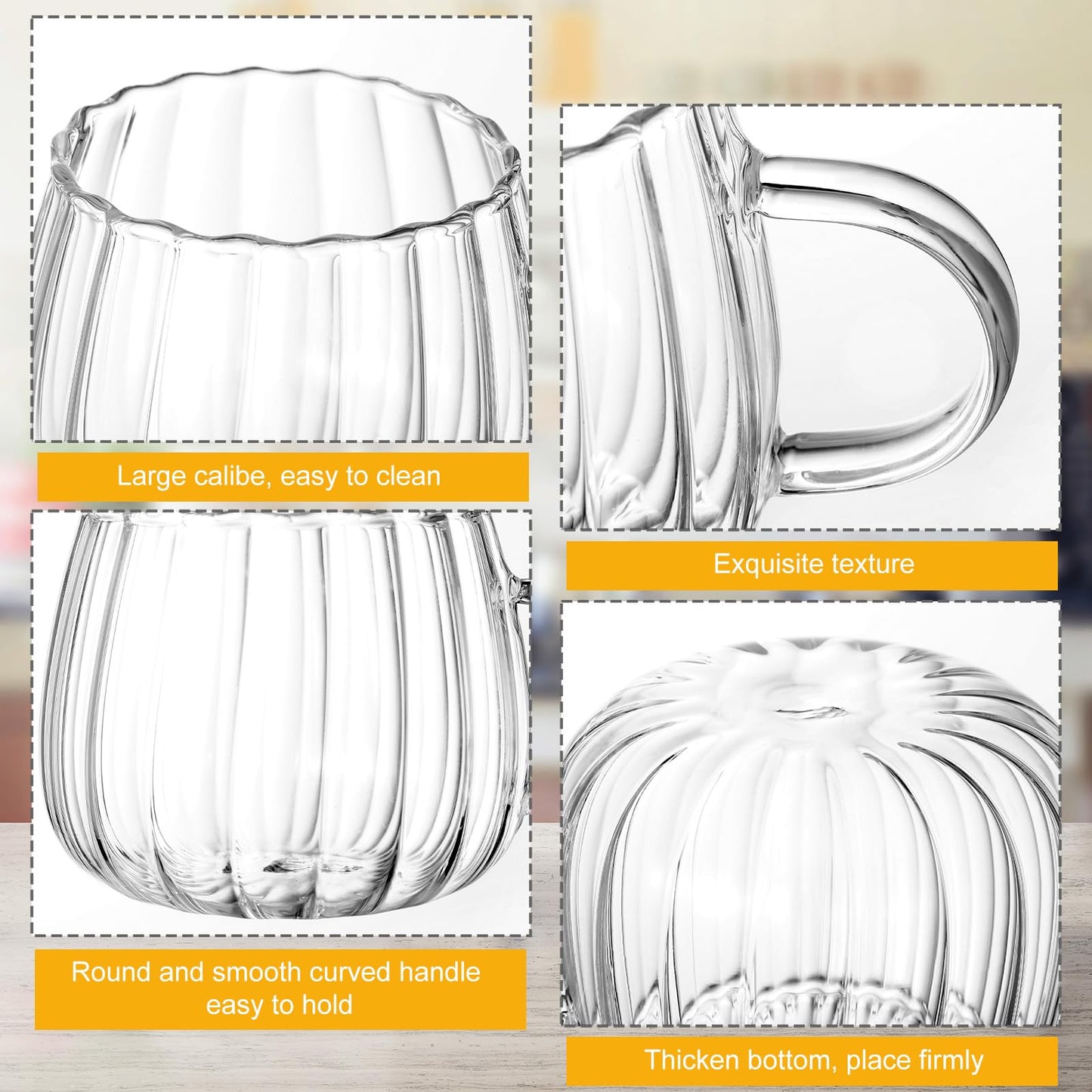 Layhit 6 Sets Pumpkin Shaped Glass Coffee Mugs with Spoons 13.5 oz Clear Tea Cups with Handle Mini Spoons for Milk, Latte, Cappuccino, Espresso, Cold or Hot Drinks