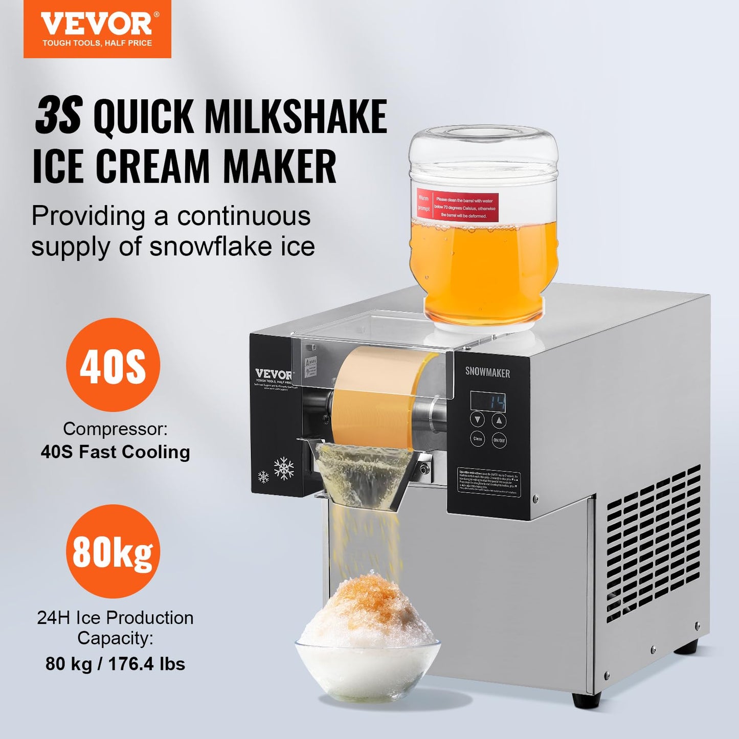VEVOR Commercial Snowflake Ice Machine, 176.4LBS/24H Snowflake Ice Maker, Stainless Steel Ice Shaver Machine, Electric Snow Cone Maker, Air Cooling System for Rapid Heat Dissipation, for Bakery, Café