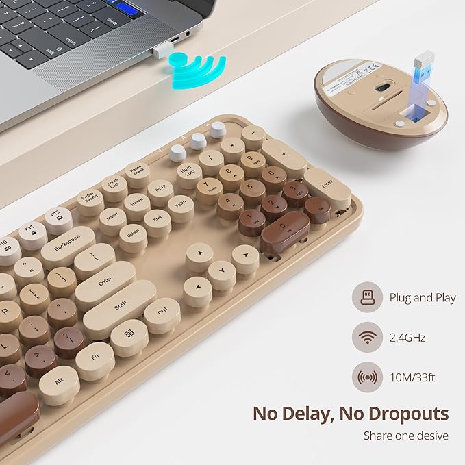 Wireless Keyboard and Mouse Set, Retro Typewriter Keyboard, 2.4GHz Full Size 104-Key Cute Keyboard with Number Pad, Colorful Keyboard with Round Keycaps for Windows PC Laptop(Coffee)