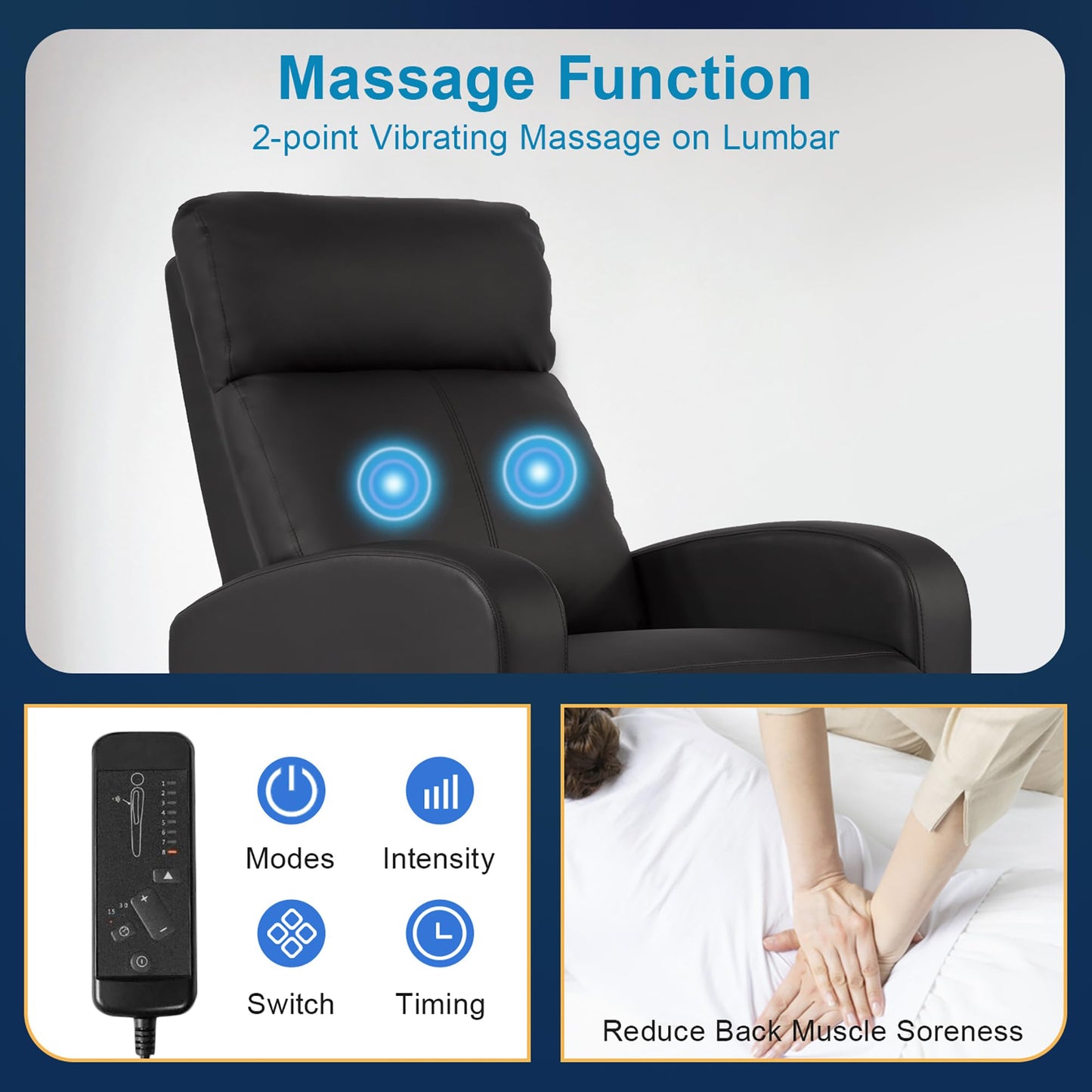 24/7 Shop at Home Esplanade Modern Faux Leather Reclining Chair with Massage, Comfortable Backrest for Living Room, Black
